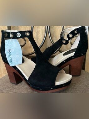 Jambu black suede wedge platform wooden heel gromets studs career casual sandals